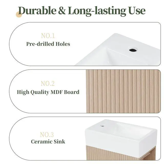 Alt view image 6 of 6 - 18.6 Inch Bathroom Vanity with Ceramic Sink, Small Bathroom Vanity with Soft-Close Door, Storage Shelves and Paper Holder, Freestanding, Natural