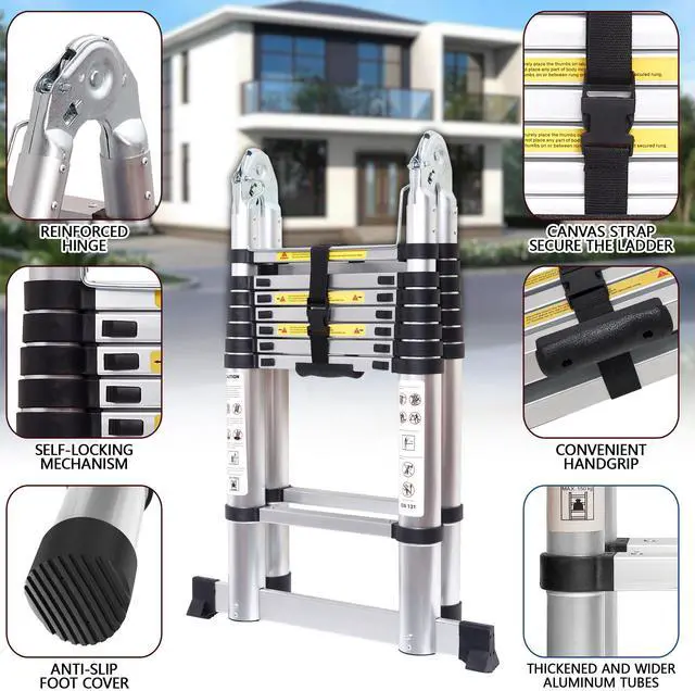 Alt view image 3 of 6 - 16.5 FT A Frame Telescoping Ladder Adjustable Multi-Purpose Collapsible Extension Ladder,Heavy Duty 330 lbs Max Capacity, Ideal for Home and Outdoor Work (Silver, 16.5FT-A Frame)