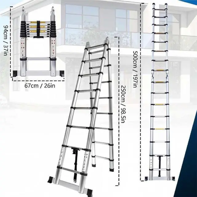 Alt view image 5 of 6 - 16.5 FT A Frame Telescoping Ladder Adjustable Multi-Purpose Collapsible Extension Ladder,Heavy Duty 330 lbs Max Capacity, Ideal for Home and Outdoor Work (Silver, 16.5FT-A Frame)