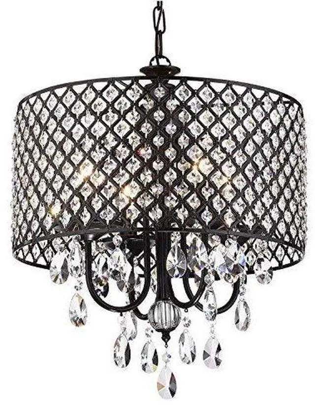 Main image of Marya Drum Crystal Chandelier, 4 Lights Glam Lighting Fixture with Black Finish, Adjustable Ceiling Light with Round Crystal Drum Shade, Dining Room Light for Living Room, Bedroom, Kitchen