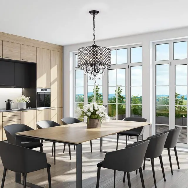 Alt view image 3 of 6 - Marya Drum Crystal Chandelier, 4 Lights Glam Lighting Fixture with Black Finish, Adjustable Ceiling Light with Round Crystal Drum Shade, Dining Room Light for Living Room, Bedroom, Kitchen