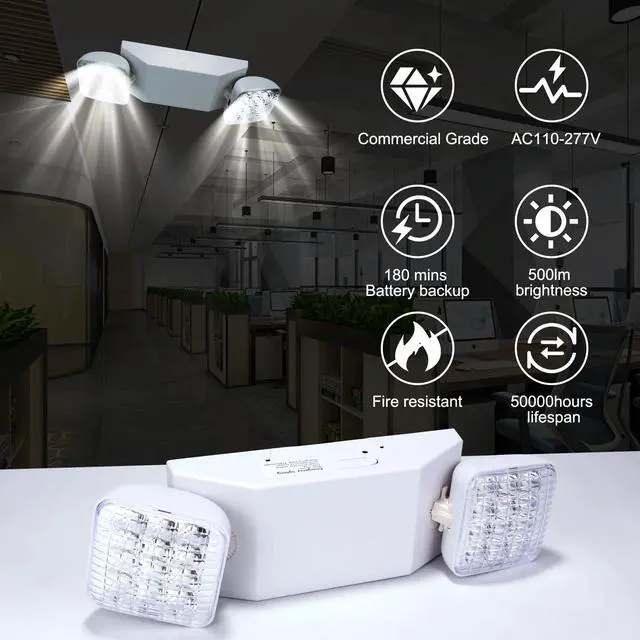 Alt view image 2 of 6 - 6 Pack LED Emergency Lights with Battery Backup, Dual Head Emergency Lighting Fixtures, Business & Power Outage, 120-277V AC, White, 180Mins