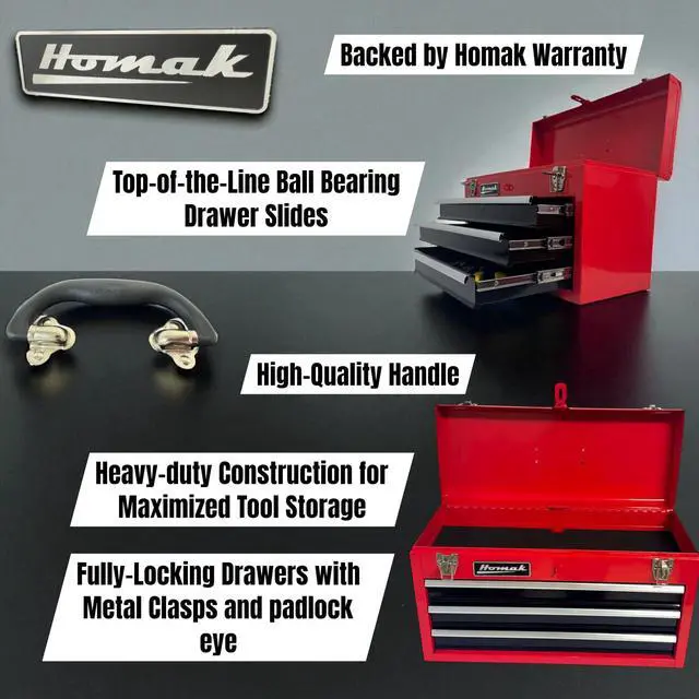 Alt view image 3 of 6 - Metal Tool Box, 20-inch, Portable Tool Box with 3 Drawers, Small Tool Chest with EVA Liners, Ball Bearing Slide Drawers Locking & Gloss Finish, Multi-Function Tool Organizer