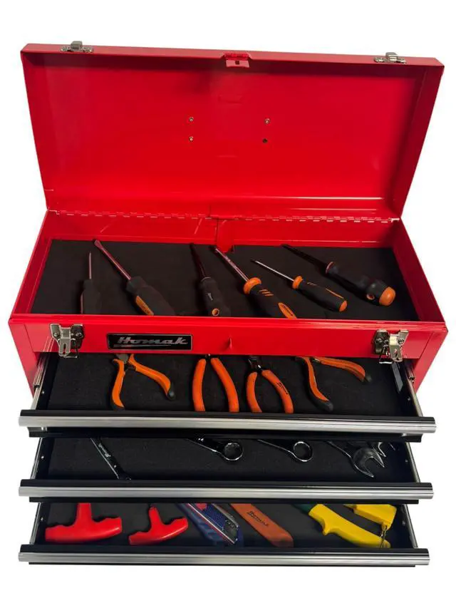 Alt view image 6 of 6 - Metal Tool Box, 20-inch, Portable Tool Box with 3 Drawers, Small Tool Chest with EVA Liners, Ball Bearing Slide Drawers Locking & Gloss Finish, Multi-Function Tool Organizer