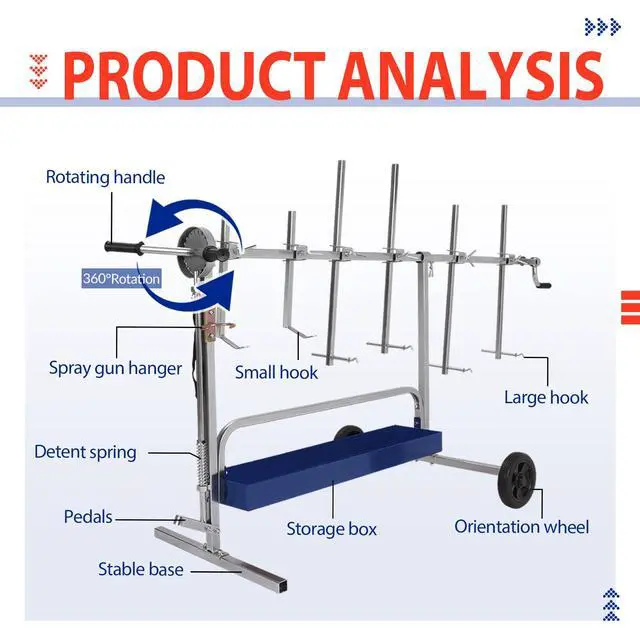 Alt view image 2 of 6 - Rotating Paint Stand Universal W/Tool Tray&360° Rotation Adjustable | Bars, Car Body Paint Panel Stand, Drying Rack Holder, for Automotive Bumpers Fenders Doors Hoods Works, W/2 Wheels