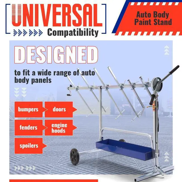 Alt view image 3 of 6 - Rotating Paint Stand Universal W/Tool Tray&360° Rotation Adjustable | Bars, Car Body Paint Panel Stand, Drying Rack Holder, for Automotive Bumpers Fenders Doors Hoods Works, W/2 Wheels