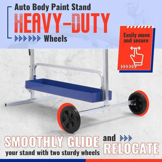 Alt view image 5 of 6 - Rotating Paint Stand Universal W/Tool Tray&360° Rotation Adjustable | Bars, Car Body Paint Panel Stand, Drying Rack Holder, for Automotive Bumpers Fenders Doors Hoods Works, W/2 Wheels
