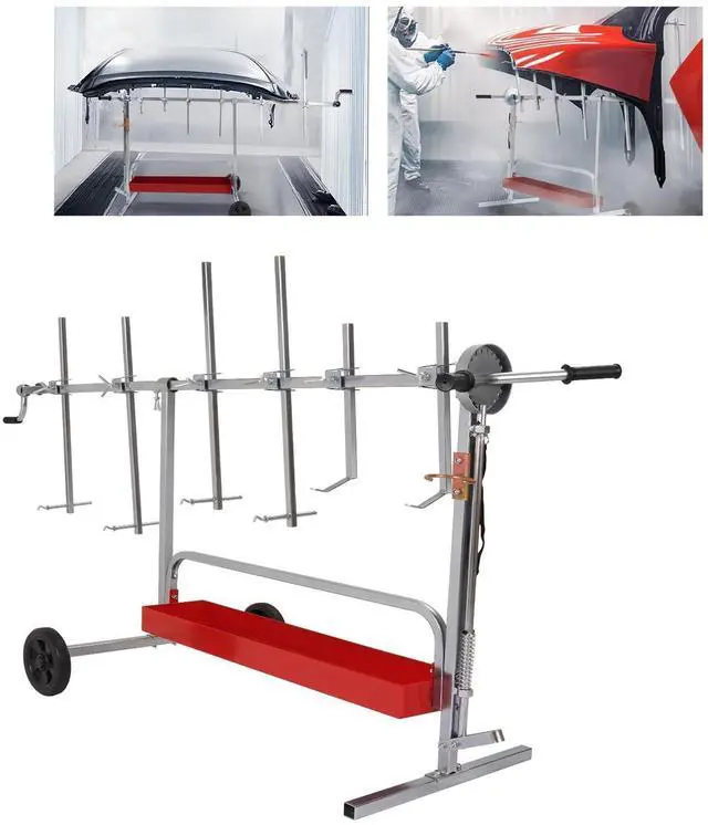 Main image of Auto Body Paint Stand 6 Racks, 360°Rotation w/Adjustable Bars, 2 | Wheels and Tool Tray Universal Paint Rack Drying Panel Tree Holder Stand for Automotive Bumper Fenders Door Engine Hood
