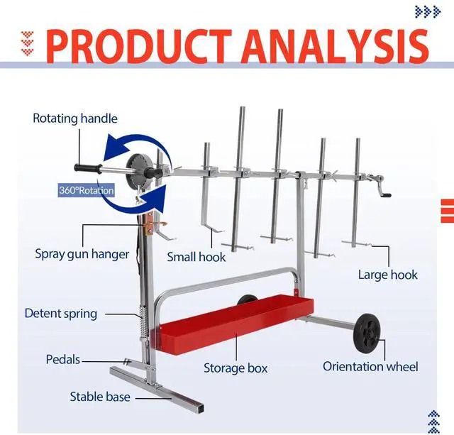Alt view image 2 of 6 - Auto Body Paint Stand 6 Racks, 360°Rotation w/Adjustable Bars, 2 | Wheels and Tool Tray Universal Paint Rack Drying Panel Tree Holder Stand for Automotive Bumper Fenders Door Engine Hood