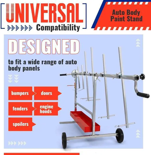 Alt view image 3 of 6 - Auto Body Paint Stand 6 Racks, 360°Rotation w/Adjustable Bars, 2 | Wheels and Tool Tray Universal Paint Rack Drying Panel Tree Holder Stand for Automotive Bumper Fenders Door Engine Hood