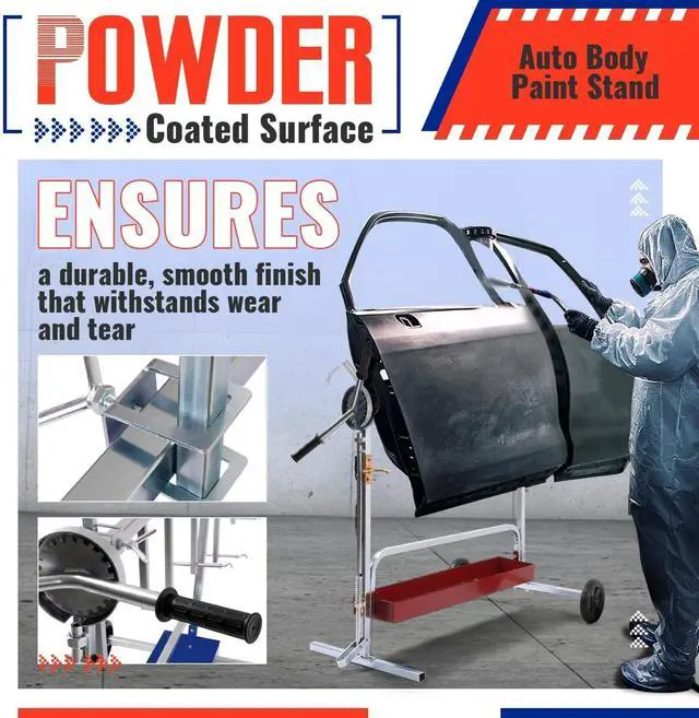 Alt view image 4 of 6 - Auto Body Paint Stand 6 Racks, 360°Rotation w/Adjustable Bars, 2 | Wheels and Tool Tray Universal Paint Rack Drying Panel Tree Holder Stand for Automotive Bumper Fenders Door Engine Hood