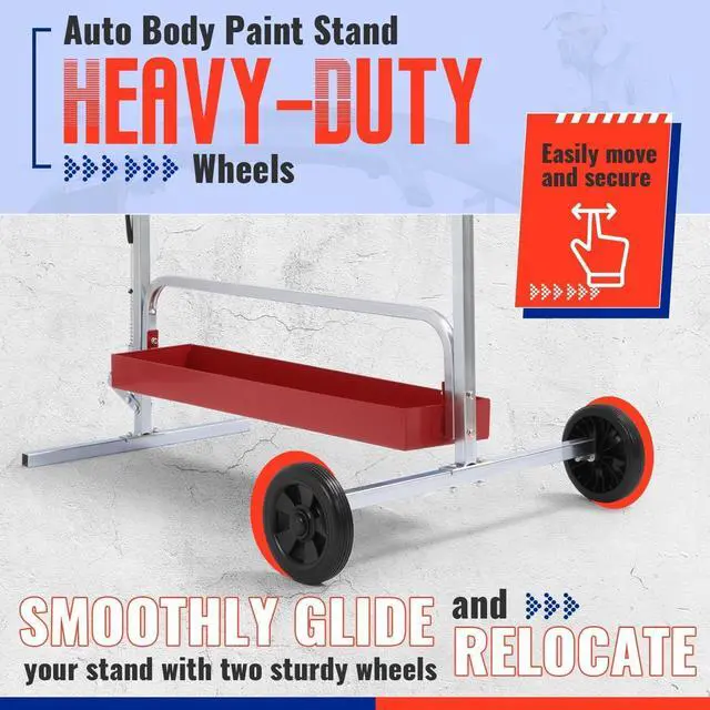 Alt view image 5 of 6 - Auto Body Paint Stand 6 Racks, 360°Rotation w/Adjustable Bars, 2 | Wheels and Tool Tray Universal Paint Rack Drying Panel Tree Holder Stand for Automotive Bumper Fenders Door Engine Hood