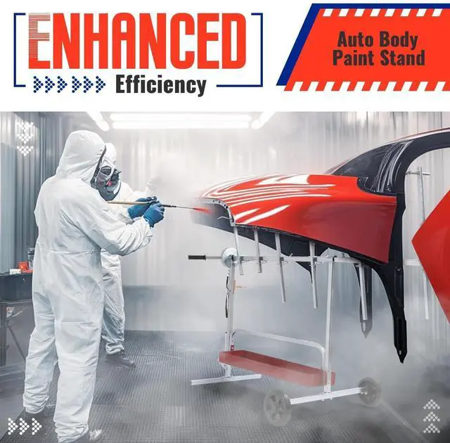 Alt view image 6 of 6 - Auto Body Paint Stand 6 Racks, 360°Rotation w/Adjustable Bars, 2 | Wheels and Tool Tray Universal Paint Rack Drying Panel Tree Holder Stand for Automotive Bumper Fenders Door Engine Hood