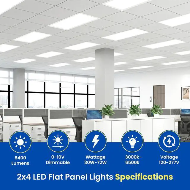 Alt view image 2 of 6 - 2x4 LED Flat Panel Light Drop Ceiling Office Fixture, 6500LM, Selectable Features, 30W/40W/50W/60W/72W, 3000K/3500K/4000K/5000K/6500K, Dimmable (0-10V), Dustproof ETL (6 Pack)