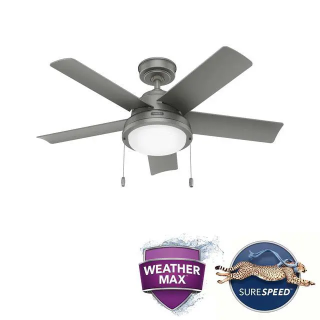 Alt view image 2 of 6 - 44" Seawall Outdoor Ceiling Fan, LED Light, Matte Silver, Pull Chain | WeatherMax coastal design for outdoor spaces. SureSpeed high velocity airflow, LED light, and pull chain control