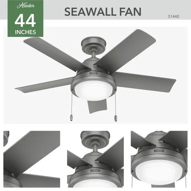 Alt view image 3 of 6 - 44" Seawall Outdoor Ceiling Fan, LED Light, Matte Silver, Pull Chain | WeatherMax coastal design for outdoor spaces. SureSpeed high velocity airflow, LED light, and pull chain control