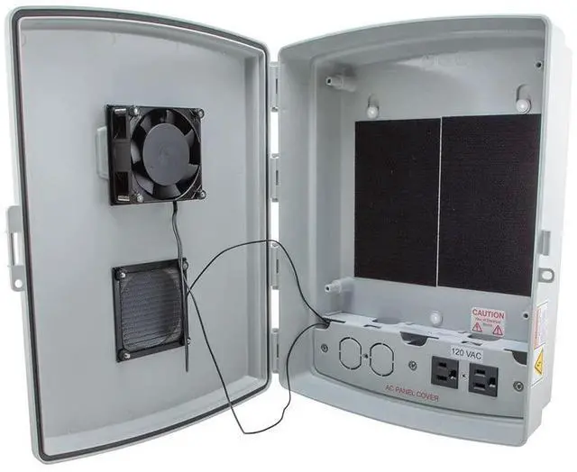 Main image of 14x10x04 ABS Plastic Weatherproof Indoor/Outdoor IP24 NEMA 3R Enclosure, Hook & Loop Mounting, Fan & 120 VAC outlets, Gray