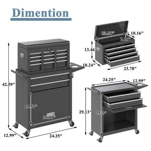 Alt view image 3 of 6 - Tool Chest, 8 Drawers Rolling Tool Chest with Wheels, Removable Cabinet Storage Tool Box with Hooks and Liners,Universal Lockable Wheels, Metal Tool Storage Cart, Tool Box for Garage, Workshop