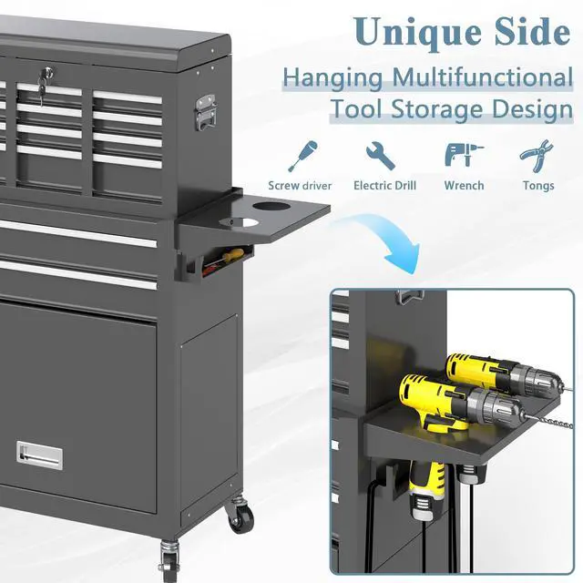 Alt view image 4 of 6 - Tool Chest, 8 Drawers Rolling Tool Chest with Wheels, Removable Cabinet Storage Tool Box with Hooks and Liners,Universal Lockable Wheels, Metal Tool Storage Cart, Tool Box for Garage, Workshop