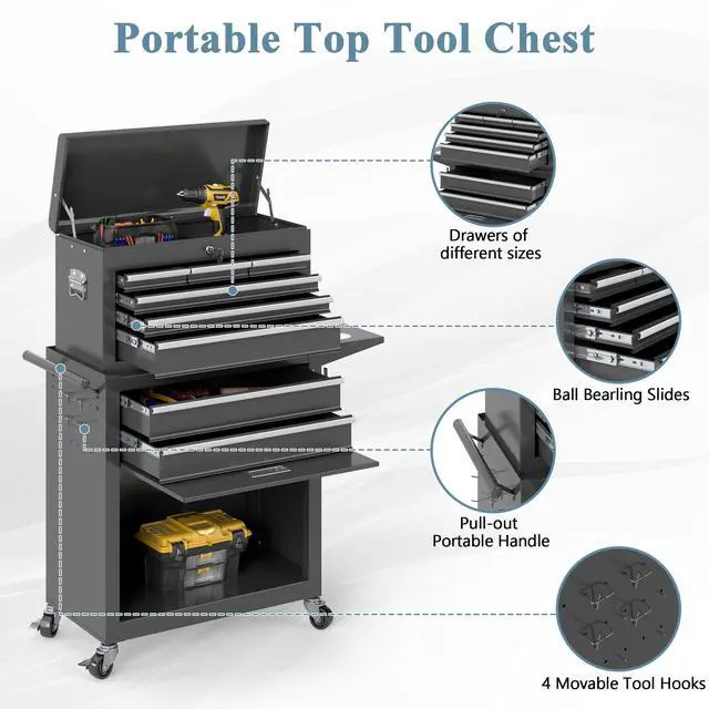 Alt view image 5 of 6 - Tool Chest, 8 Drawers Rolling Tool Chest with Wheels, Removable Cabinet Storage Tool Box with Hooks and Liners,Universal Lockable Wheels, Metal Tool Storage Cart, Tool Box for Garage, Workshop