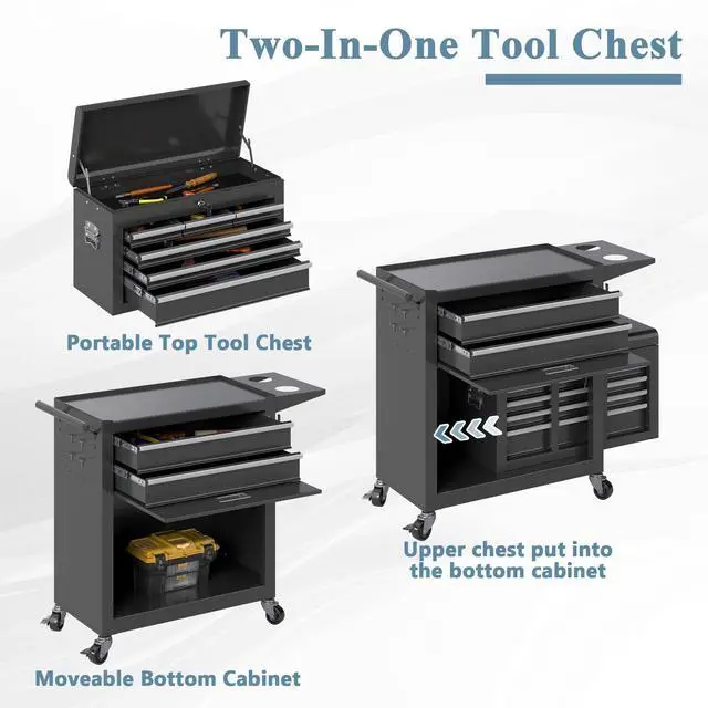 Alt view image 6 of 6 - Tool Chest, 8 Drawers Rolling Tool Chest with Wheels, Removable Cabinet Storage Tool Box with Hooks and Liners,Universal Lockable Wheels, Metal Tool Storage Cart, Tool Box for Garage, Workshop