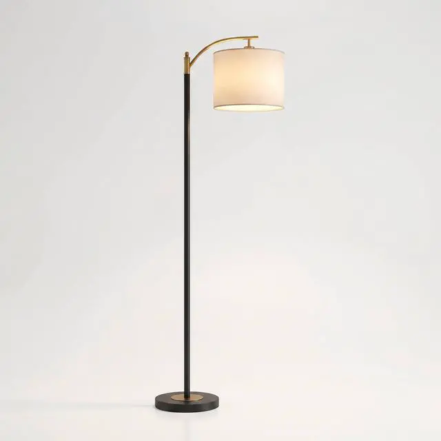 Main image of Rayna 61 1/2" Tall Black and Gold Downbridge Floor Lamp | Mid Century Modern Warm Metal Off-White Linen Drum Shade for Living Room Reading Bedroom Bedside Office Family House Home