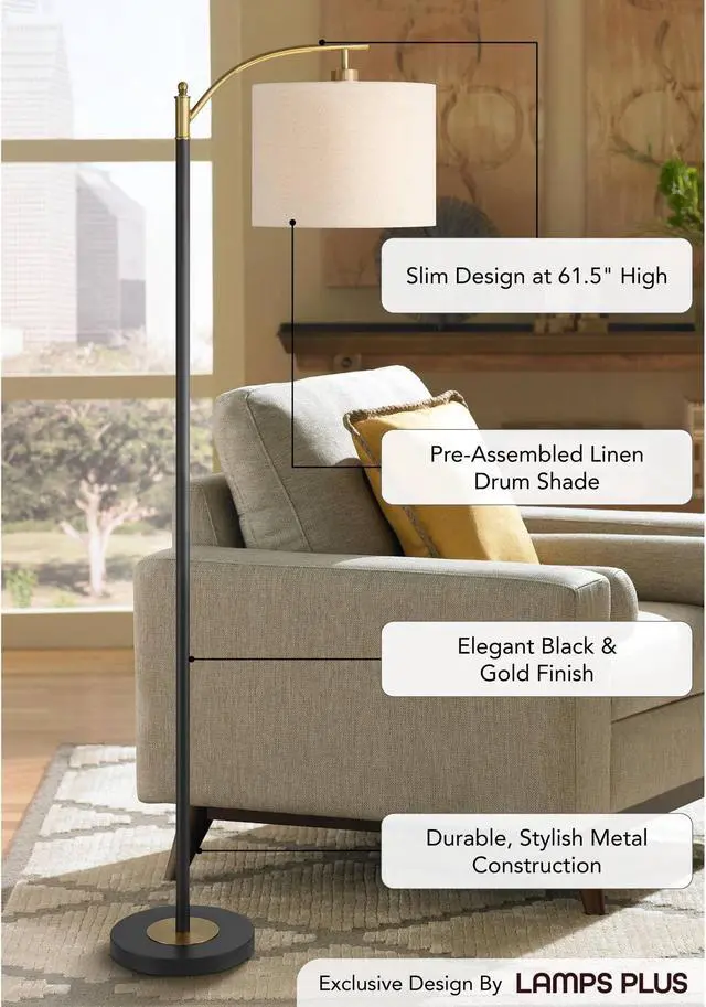 Alt view image 3 of 6 - Rayna 61 1/2" Tall Black and Gold Downbridge Floor Lamp | Mid Century Modern Warm Metal Off-White Linen Drum Shade for Living Room Reading Bedroom Bedside Office Family House Home