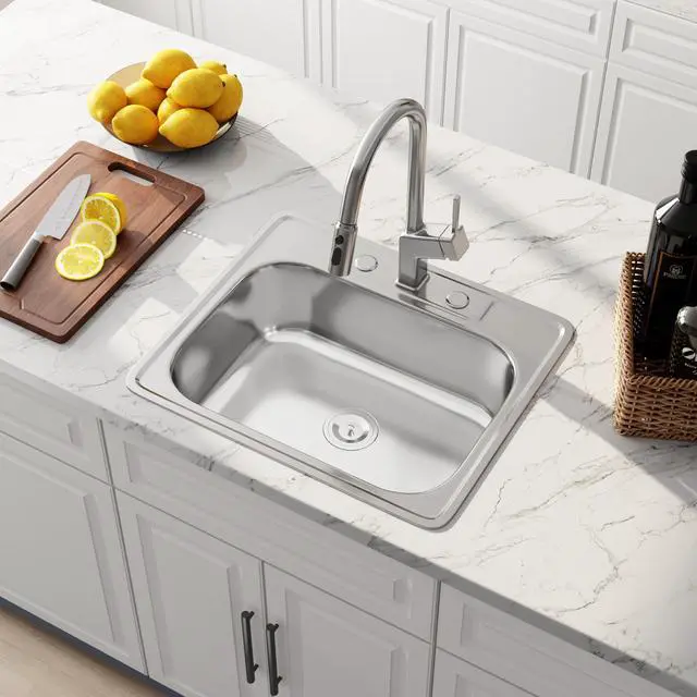 Main image of 25x22 Drop In Topmount Stainless Steel Single Bowl Kitchen Sink | 304 Stainless Steel, 18 Gauge Thickness, Three Faucet Holes with Cover, Commercial Grade Satin Finish, 25" x 22" x 8"