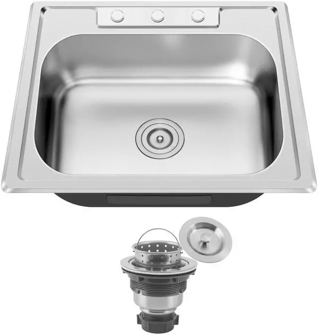 Alt view image 2 of 6 - 25x22 Drop In Topmount Stainless Steel Single Bowl Kitchen Sink | 304 Stainless Steel, 18 Gauge Thickness, Three Faucet Holes with Cover, Commercial Grade Satin Finish, 25" x 22" x 8"
