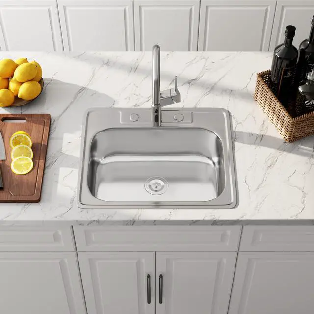 Alt view image 3 of 6 - 25x22 Drop In Topmount Stainless Steel Single Bowl Kitchen Sink | 304 Stainless Steel, 18 Gauge Thickness, Three Faucet Holes with Cover, Commercial Grade Satin Finish, 25" x 22" x 8"