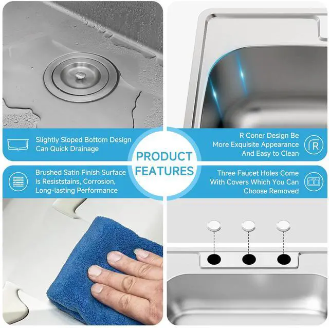 Alt view image 6 of 6 - 25x22 Drop In Topmount Stainless Steel Single Bowl Kitchen Sink | 304 Stainless Steel, 18 Gauge Thickness, Three Faucet Holes with Cover, Commercial Grade Satin Finish, 25" x 22" x 8"
