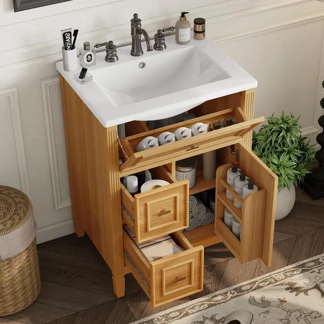 Main image of 24 Inch Natural Bathroom Vanity with Sink & Gold Handles,Modern Luxury | with Soft Closing Door,Adjustable Shelf,Tip-Out Tray,Left Drawers,Ceramic Countertop,Solid Wood Frame,Painted,Recessed Front