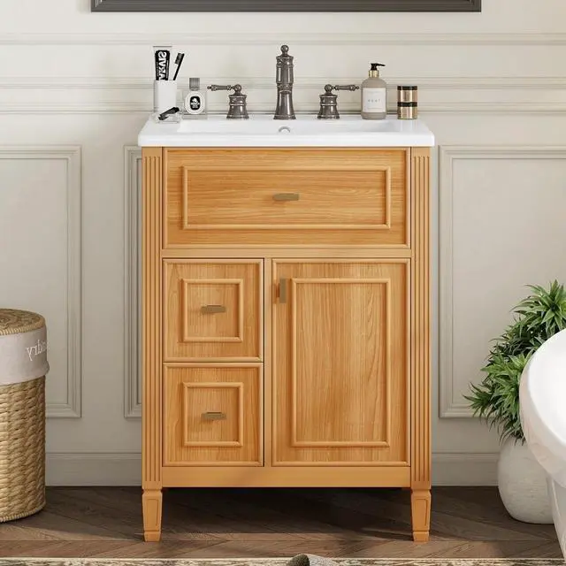 Alt view image 3 of 6 - 24 Inch Natural Bathroom Vanity with Sink & Gold Handles,Modern Luxury | with Soft Closing Door,Adjustable Shelf,Tip-Out Tray,Left Drawers,Ceramic Countertop,Solid Wood Frame,Painted,Recessed Front