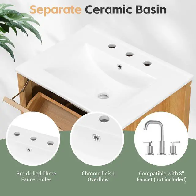 Alt view image 4 of 6 - 24 Inch Natural Bathroom Vanity with Sink & Gold Handles,Modern Luxury | with Soft Closing Door,Adjustable Shelf,Tip-Out Tray,Left Drawers,Ceramic Countertop,Solid Wood Frame,Painted,Recessed Front