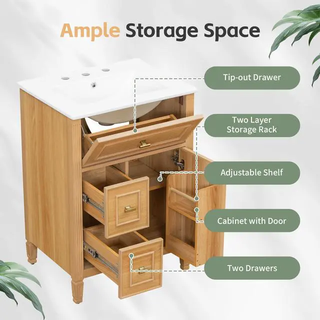 Alt view image 5 of 6 - 24 Inch Natural Bathroom Vanity with Sink & Gold Handles,Modern Luxury | with Soft Closing Door,Adjustable Shelf,Tip-Out Tray,Left Drawers,Ceramic Countertop,Solid Wood Frame,Painted,Recessed Front