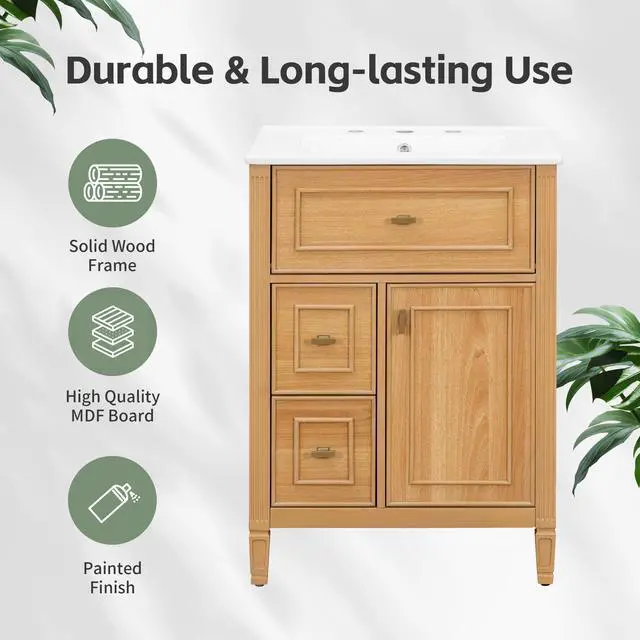Alt view image 6 of 6 - 24 Inch Natural Bathroom Vanity with Sink & Gold Handles,Modern Luxury | with Soft Closing Door,Adjustable Shelf,Tip-Out Tray,Left Drawers,Ceramic Countertop,Solid Wood Frame,Painted,Recessed Front
