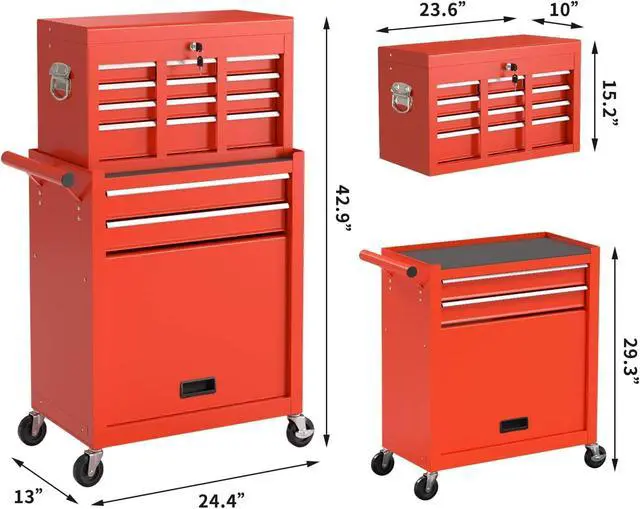 Alt view image 3 of 6 - 8-Drawer High Capacity Rolling Tool Box with Wheels,Rolling Tool Chest with Drawer,Tool Box on 4 Wheels with Lock, Tool Storage Cabinet Removable Portable Box for Garage Warehouse (Red)