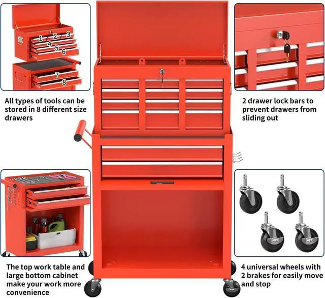 Alt view image 6 of 6 - 8-Drawer High Capacity Rolling Tool Box with Wheels,Rolling Tool Chest with Drawer,Tool Box on 4 Wheels with Lock, Tool Storage Cabinet Removable Portable Box for Garage Warehouse (Red)