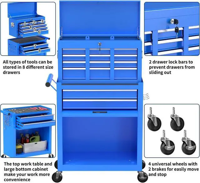 Alt view image 5 of 6 - 8-Drawer High Capacity Rolling Tool Box with Wheels,Rolling Tool Chest with Drawer,Tool Box on 4 Wheels with Lock, Tool Storage Cabinet Removable Portable Box for Garage Warehouse