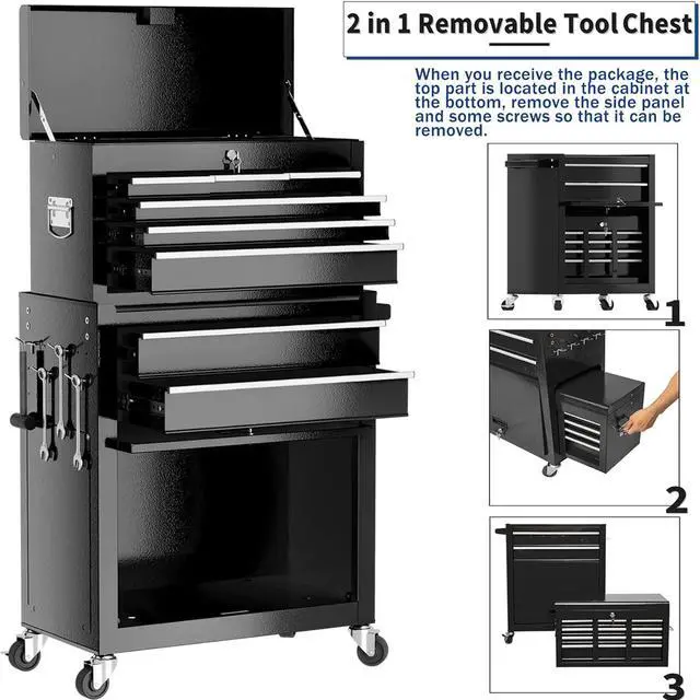 Alt view image 4 of 6 - 8-Drawer High Capacity Rolling Tool Box with Wheels,Rolling Tool Chest with Drawer,Tool Box on 4 Wheels with Lock, Tool Storage Cabinet Removable Portable Box for Garage Warehouse (Black)