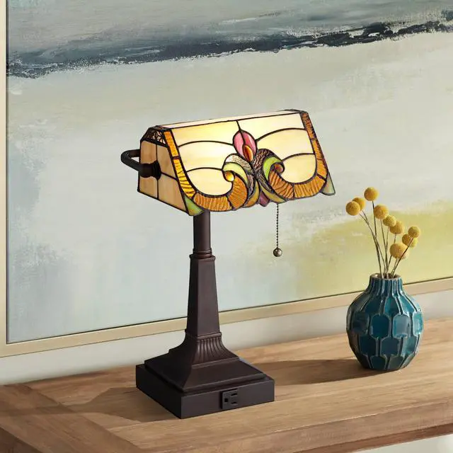 Main image of Fleura 17" Bronze Small Desk Lamp Glass Banker USB + Outlet Piano | Floral Art Traditional Cottage AC Power Bedroom House Bedside Nightstand Living Room Office Home Brown