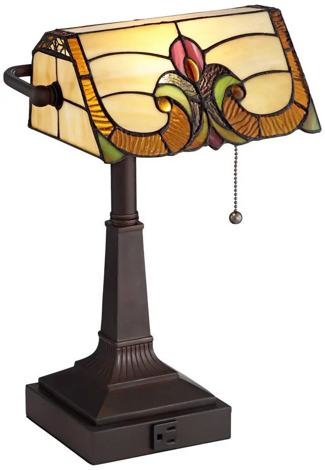 Alt view image 2 of 6 - Fleura 17" Bronze Small Desk Lamp Glass Banker USB + Outlet Piano | Floral Art Traditional Cottage AC Power Bedroom House Bedside Nightstand Living Room Office Home Brown