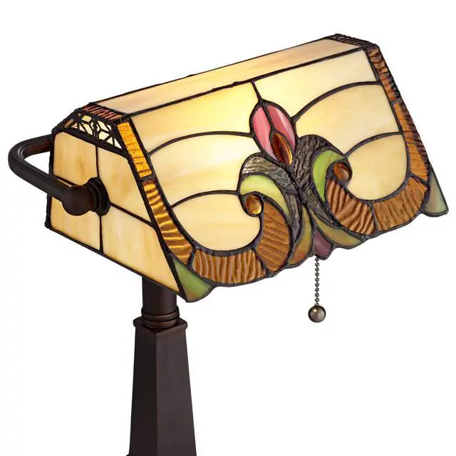 Alt view image 3 of 6 - Fleura 17" Bronze Small Desk Lamp Glass Banker USB + Outlet Piano | Floral Art Traditional Cottage AC Power Bedroom House Bedside Nightstand Living Room Office Home Brown