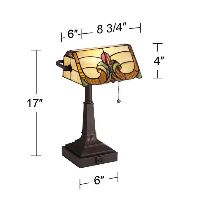 Alt view image 4 of 6 - Fleura 17" Bronze Small Desk Lamp Glass Banker USB + Outlet Piano | Floral Art Traditional Cottage AC Power Bedroom House Bedside Nightstand Living Room Office Home Brown