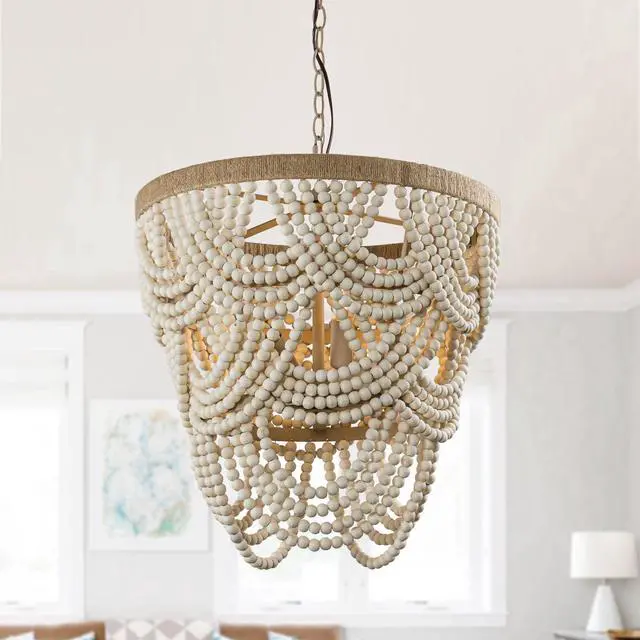 Main image of Boho Wood Beaded Chandelier - Vintage Rustic Farmhouse Coastal Chandeliers - 4-Light Pendant Light Fixture for Living Room Dining Room Kitchen Entryway Foyer, 39.4" Adjustable Chain, E12 Socket