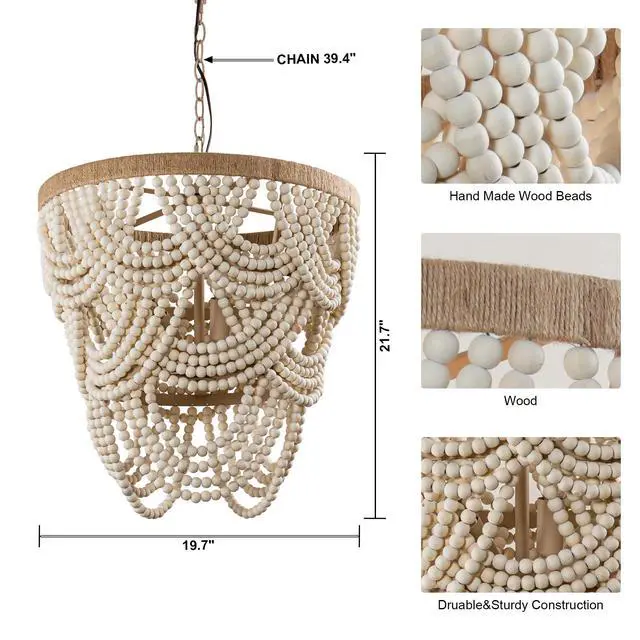 Alt view image 2 of 6 - Boho Wood Beaded Chandelier - Vintage Rustic Farmhouse Coastal Chandeliers - 4-Light Pendant Light Fixture for Living Room Dining Room Kitchen Entryway Foyer, 39.4" Adjustable Chain, E12 Socket