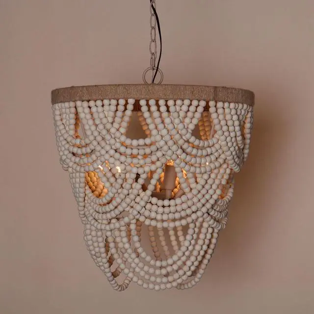 Alt view image 5 of 6 - Boho Wood Beaded Chandelier - Vintage Rustic Farmhouse Coastal Chandeliers - 4-Light Pendant Light Fixture for Living Room Dining Room Kitchen Entryway Foyer, 39.4" Adjustable Chain, E12 Socket
