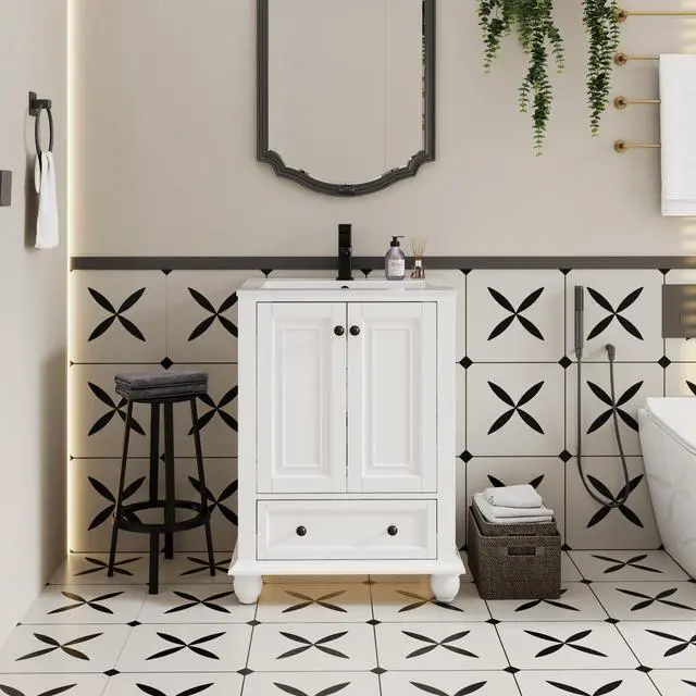 Main image of 24" Bathroom Vanity and Sink Combo, Retro Style Painted Bathroom Cabinet with Ceramic Sink, Matte Faucet and Drain, Mirror is not Included, White