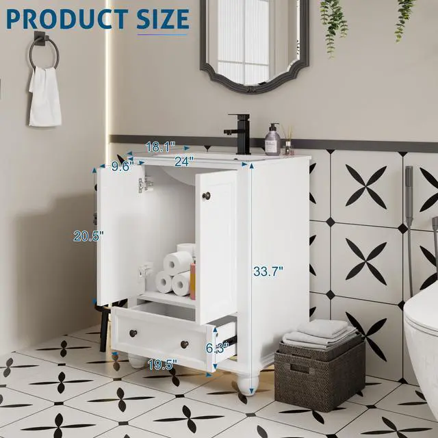 Alt view image 2 of 6 - 24" Bathroom Vanity and Sink Combo, Retro Style Painted Bathroom Cabinet with Ceramic Sink, Matte Faucet and Drain, Mirror is not Included, White