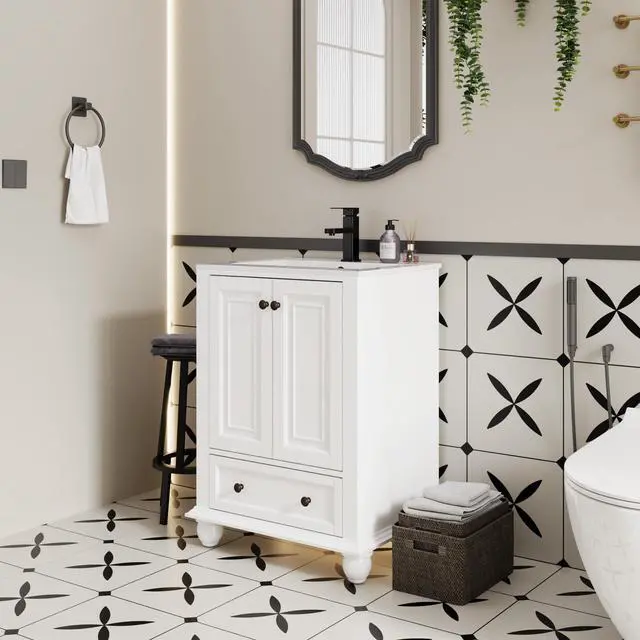 Alt view image 3 of 6 - 24" Bathroom Vanity and Sink Combo, Retro Style Painted Bathroom Cabinet with Ceramic Sink, Matte Faucet and Drain, Mirror is not Included, White